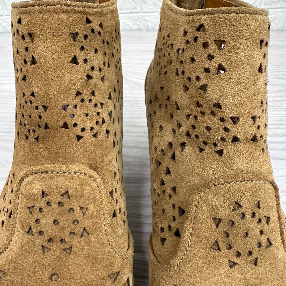 Franco Sarto Booties WMNS 6M Brown Laser Cut Ashlee Ankle Suede Block Heel Boot - Picture 6 of 9